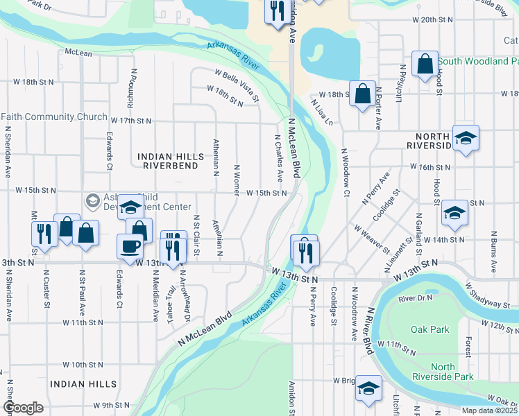 map of restaurants, bars, coffee shops, grocery stores, and more near 1564 North Clarence Avenue in Wichita