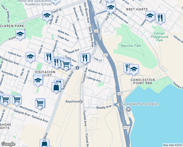 map of restaurants, bars, coffee shops, grocery stores, and more near 315 Wheeler Avenue in San Francisco