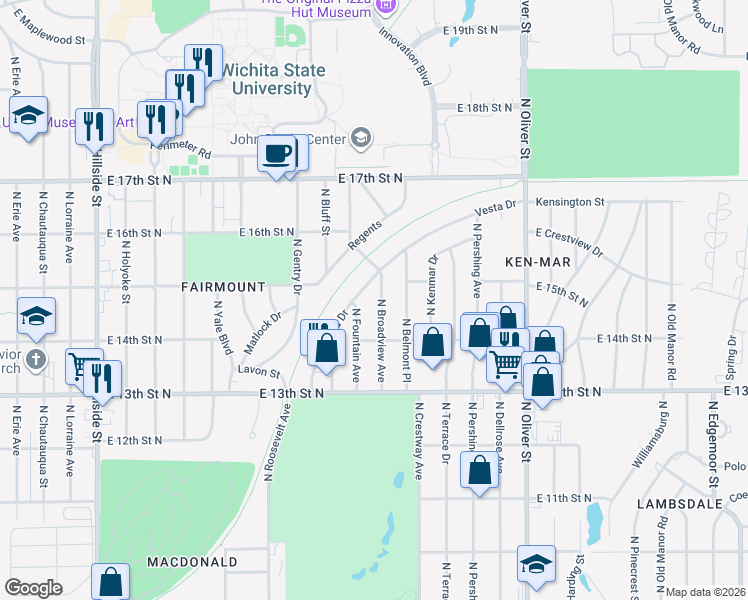 map of restaurants, bars, coffee shops, grocery stores, and more near 1551 North Broadview Avenue in Wichita
