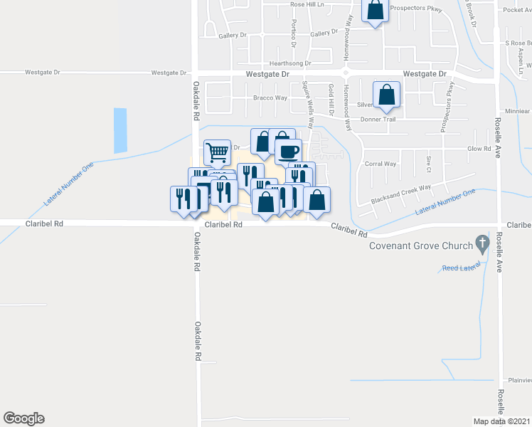 map of restaurants, bars, coffee shops, grocery stores, and more near 2401 Claribel Road in Riverbank