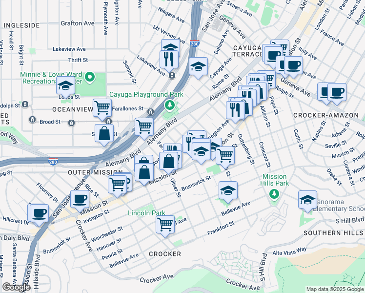 map of restaurants, bars, coffee shops, grocery stores, and more near 130 Rae Ave in San Francisco