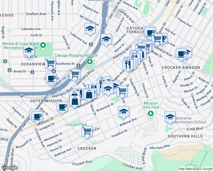 map of restaurants, bars, coffee shops, grocery stores, and more near 482 Ellington Avenue in San Francisco