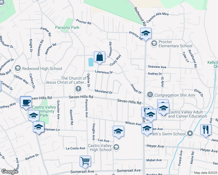 map of restaurants, bars, coffee shops, grocery stores, and more near 18472 Milmar Blvd in Castro Valley
