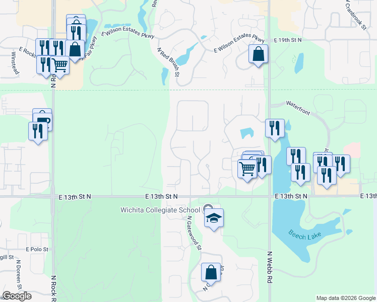 map of restaurants, bars, coffee shops, grocery stores, and more near 1542 Gatewood Court in Wichita