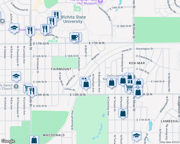 map of restaurants, bars, coffee shops, grocery stores, and more near 4102 Vesta Drive in Wichita