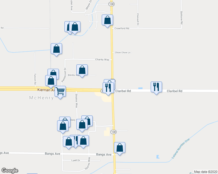 map of restaurants, bars, coffee shops, grocery stores, and more near 5001 McHenry Avenue in Modesto