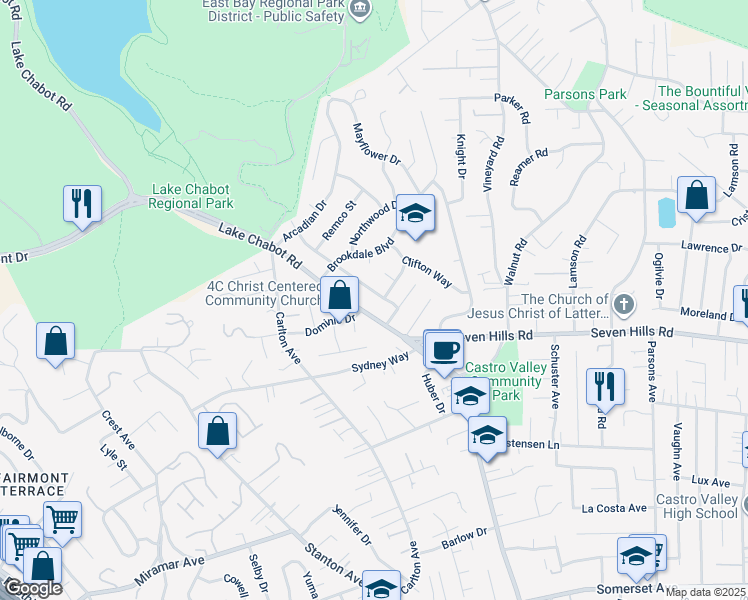 map of restaurants, bars, coffee shops, grocery stores, and more near 18467 Carmel Drive in Castro Valley