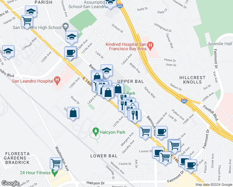 map of restaurants, bars, coffee shops, grocery stores, and more near 14365 Bancroft Avenue in San Leandro