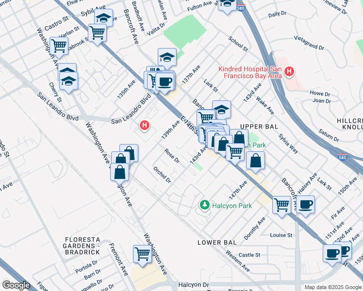 map of restaurants, bars, coffee shops, grocery stores, and more near 1231 141st Avenue in San Leandro