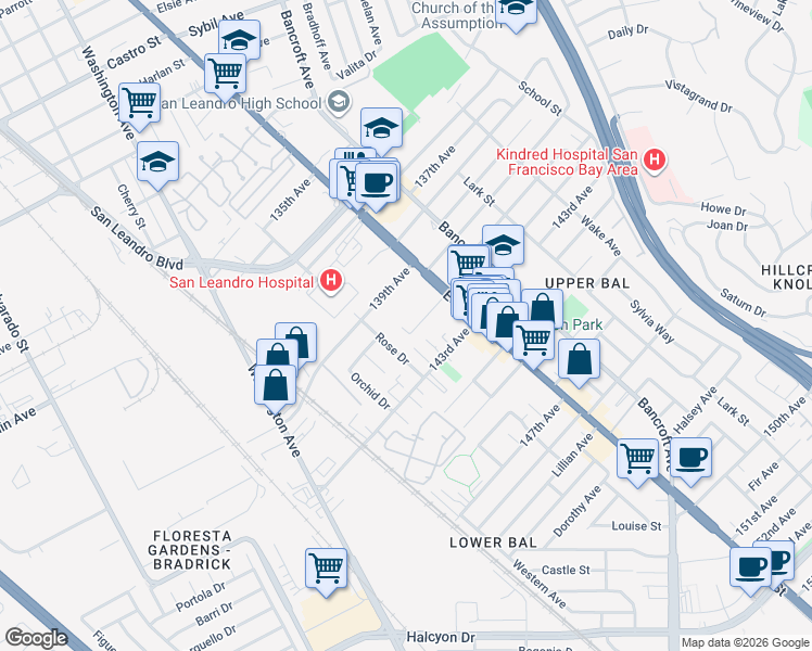 map of restaurants, bars, coffee shops, grocery stores, and more near 1231 141st Avenue in San Leandro