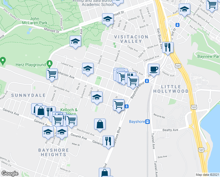 map of restaurants, bars, coffee shops, grocery stores, and more near 826 Visitacion Avenue in San Francisco