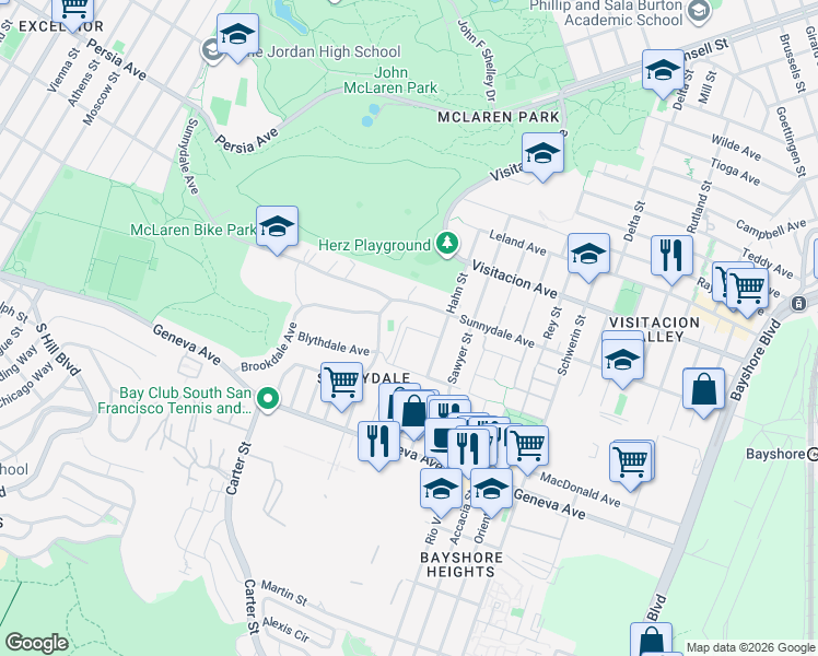 map of restaurants, bars, coffee shops, grocery stores, and more near 1633-1647 Sunnydale Avenue in San Francisco