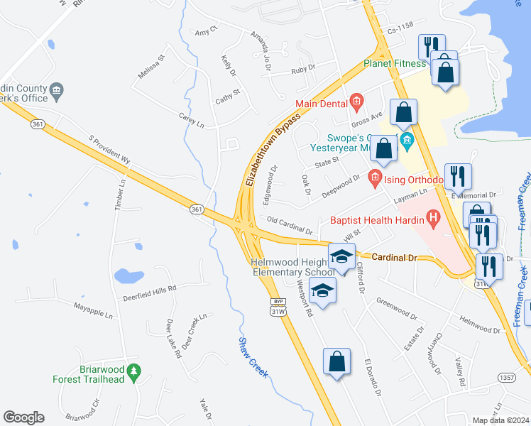 map of restaurants, bars, coffee shops, grocery stores, and more near 336 Old Cardinal Drive in Elizabethtown