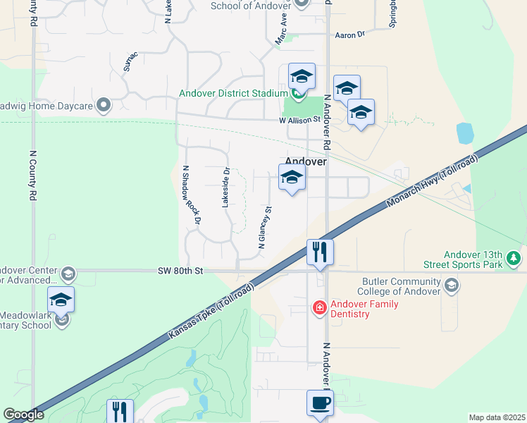 map of restaurants, bars, coffee shops, grocery stores, and more near 1430 North Glancey Street in Andover