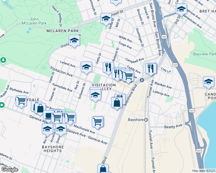 map of restaurants, bars, coffee shops, grocery stores, and more near 826 Visitacion Avenue in San Francisco