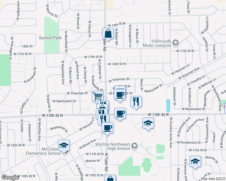 map of restaurants, bars, coffee shops, grocery stores, and more near 8711 West 15th Street North in Wichita