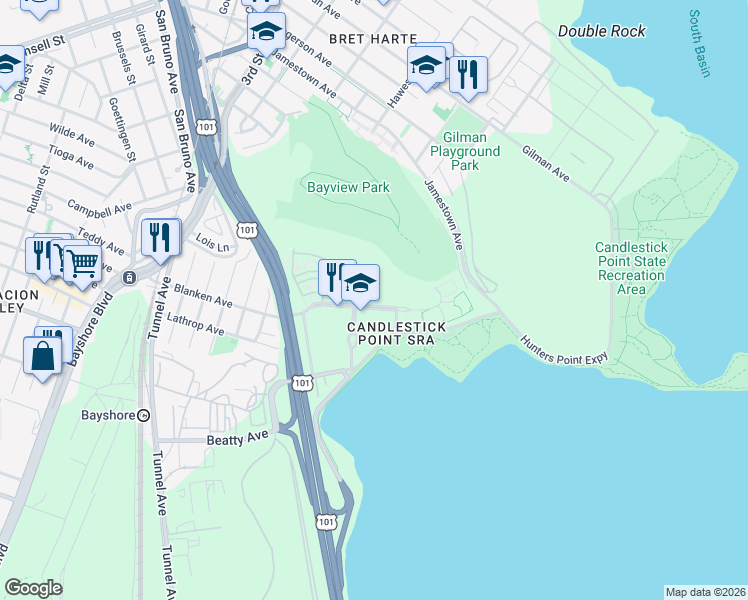 map of restaurants, bars, coffee shops, grocery stores, and more near 301 Executive Park Boulevard in San Francisco