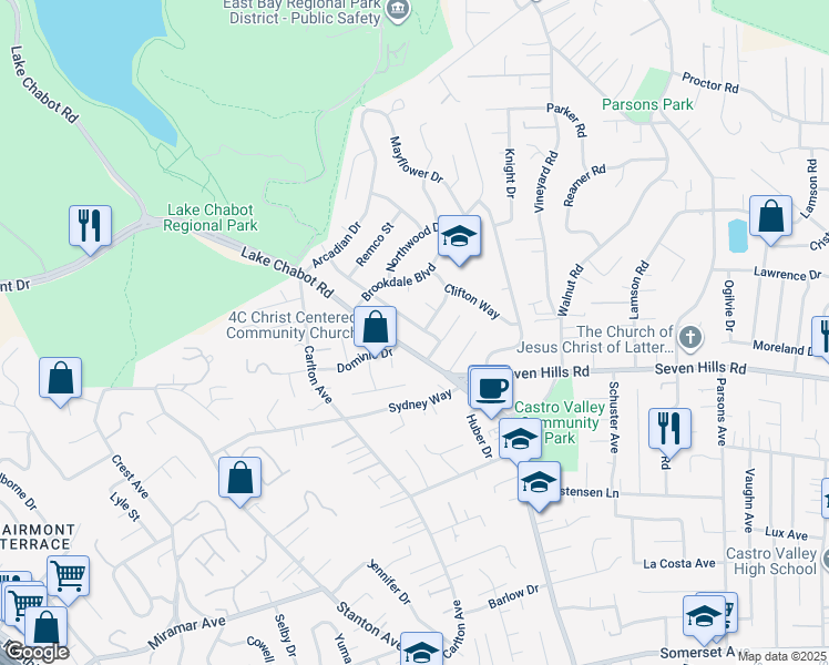 map of restaurants, bars, coffee shops, grocery stores, and more near 18405 Carmel Drive in Castro Valley