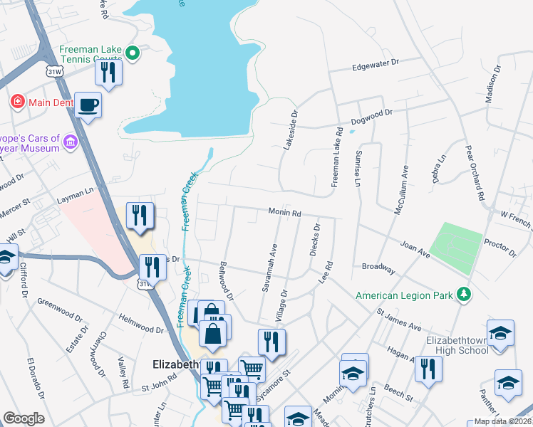 map of restaurants, bars, coffee shops, grocery stores, and more near 904 Monin Road in Elizabethtown