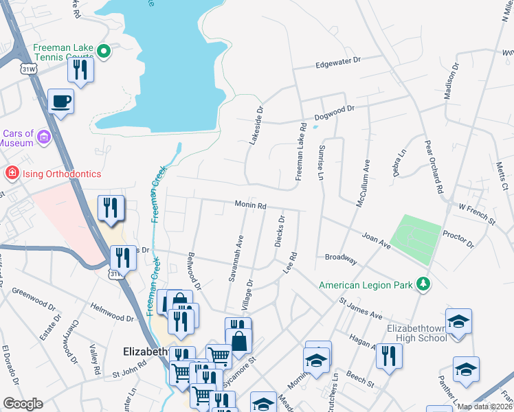 map of restaurants, bars, coffee shops, grocery stores, and more near 801 Monin Road in Elizabethtown