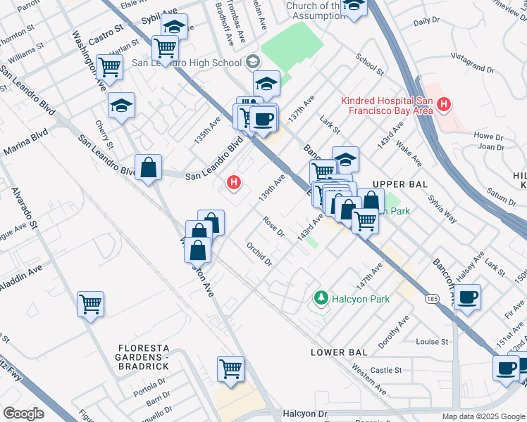 map of restaurants, bars, coffee shops, grocery stores, and more near 14180 Rose Drive in San Leandro