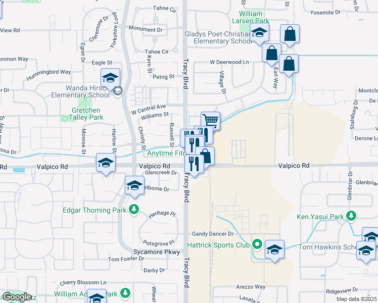 map of restaurants, bars, coffee shops, grocery stores, and more near 2600 South Tracy Boulevard in Tracy