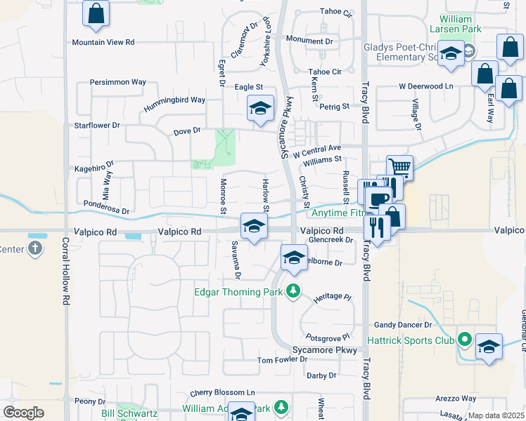 map of restaurants, bars, coffee shops, grocery stores, and more near 2645 Harlow Street in Tracy