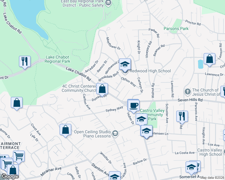 map of restaurants, bars, coffee shops, grocery stores, and more near 18405 Carmel Drive in Castro Valley