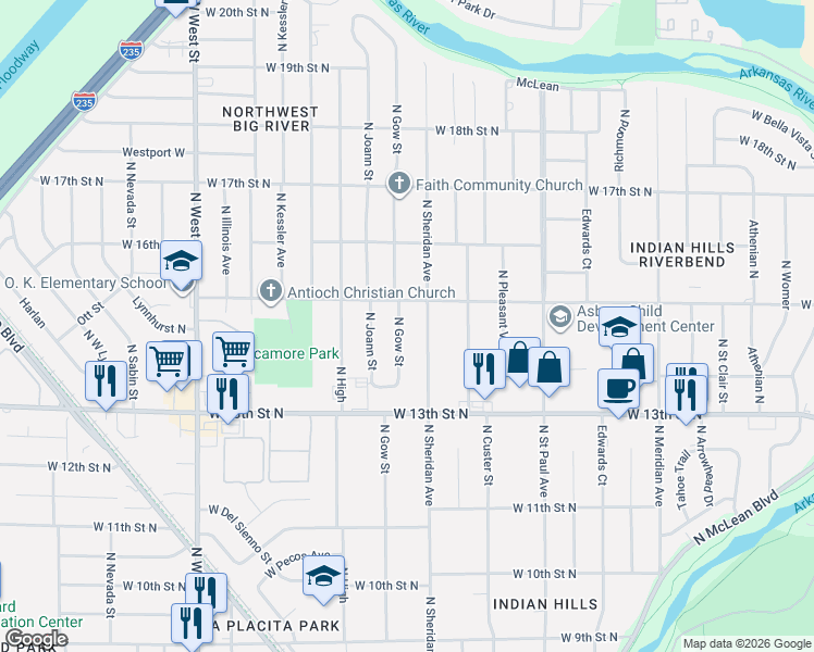 map of restaurants, bars, coffee shops, grocery stores, and more near 1526 N Gow St in Wichita