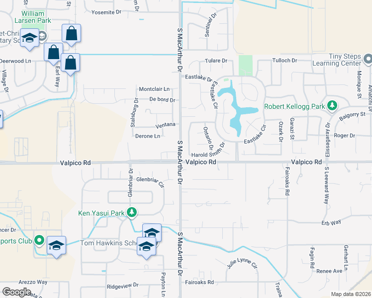 map of restaurants, bars, coffee shops, grocery stores, and more near 2689 Almanor Drive in Tracy