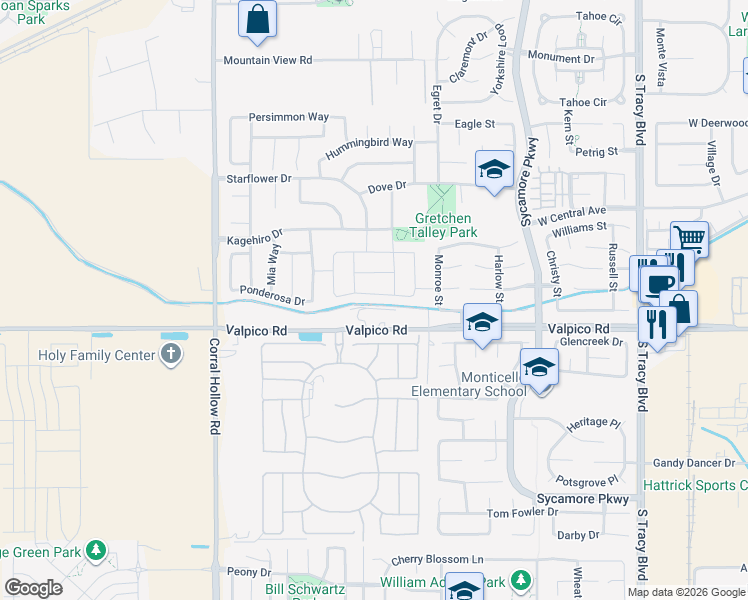 map of restaurants, bars, coffee shops, grocery stores, and more near 1682 Ivy Lane in Tracy