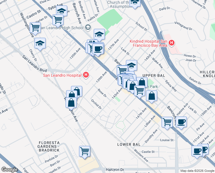 map of restaurants, bars, coffee shops, grocery stores, and more near 1231 141st Avenue in San Leandro