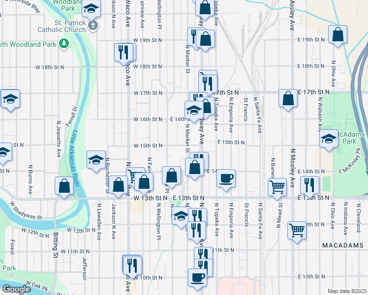 map of restaurants, bars, coffee shops, grocery stores, and more near 1558 North Market Street in Wichita