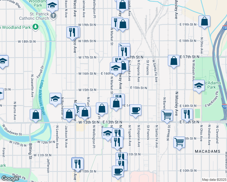 map of restaurants, bars, coffee shops, grocery stores, and more near 1558 North Market Street in Wichita