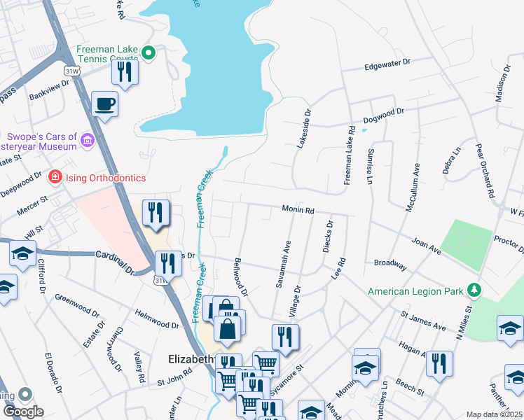 map of restaurants, bars, coffee shops, grocery stores, and more near 9108 Monin Road in Elizabethtown