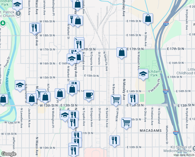 map of restaurants, bars, coffee shops, grocery stores, and more near 1541 Saint Francis in Wichita