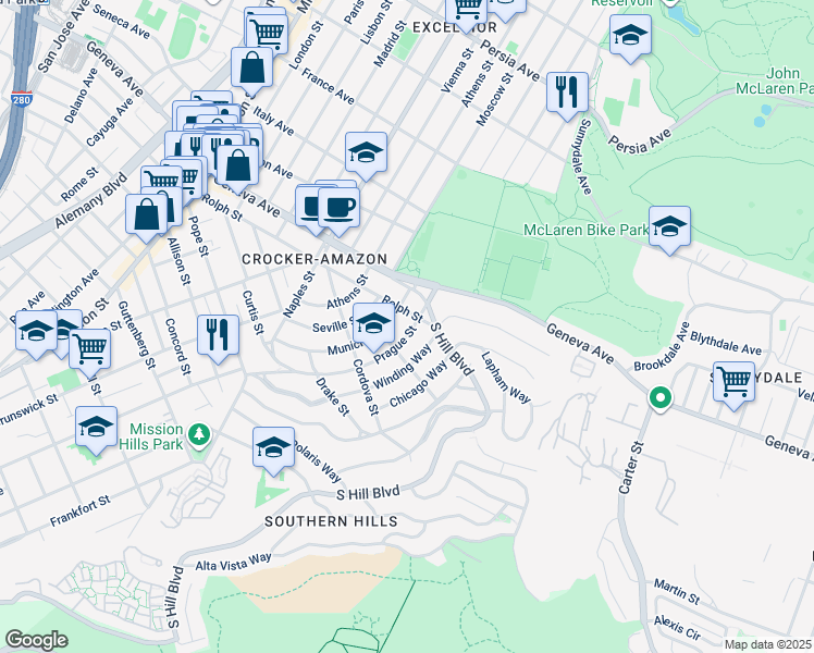 map of restaurants, bars, coffee shops, grocery stores, and more near 722 Prague Street in San Francisco