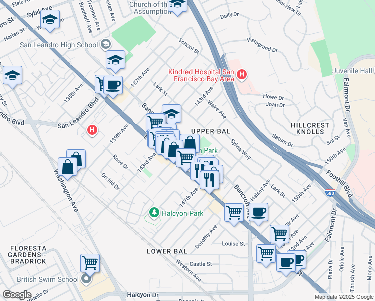 map of restaurants, bars, coffee shops, grocery stores, and more near 14433 Bancroft Avenue in San Leandro