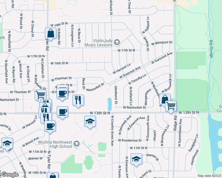 map of restaurants, bars, coffee shops, grocery stores, and more near 8005 West Suncrest Avenue in Wichita