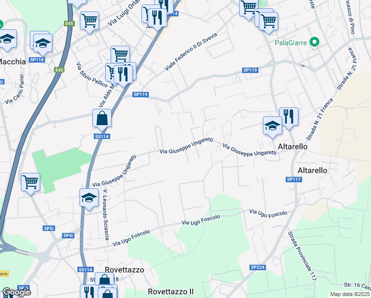 map of restaurants, bars, coffee shops, grocery stores, and more near 15 Via Giuseppe Ungaretti in Giarre
