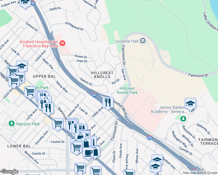 map of restaurants, bars, coffee shops, grocery stores, and more near 14948 Saturn Drive in San Leandro
