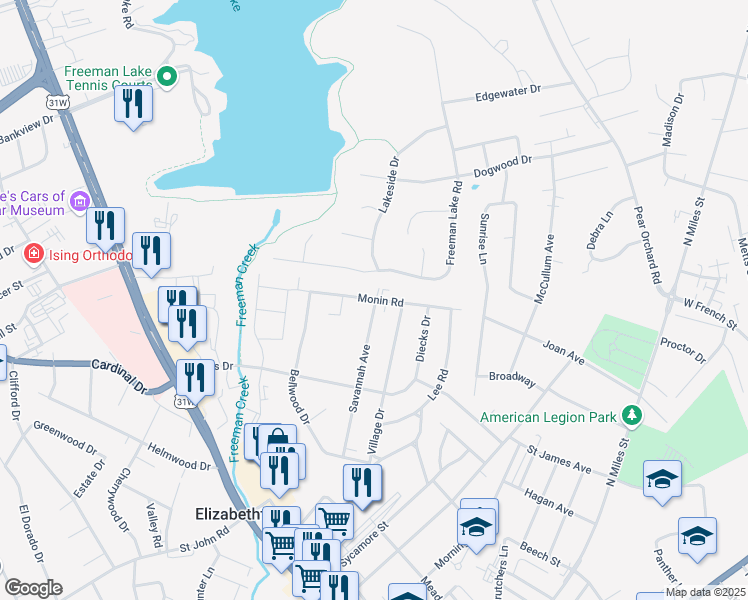 map of restaurants, bars, coffee shops, grocery stores, and more near 908 Monin Road in Elizabethtown
