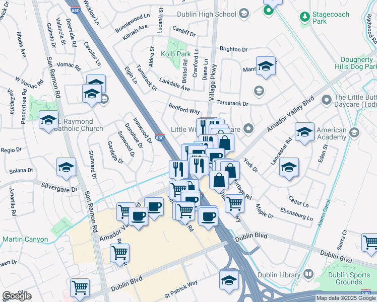 map of restaurants, bars, coffee shops, grocery stores, and more near 7583 Sutton Lane in Dublin
