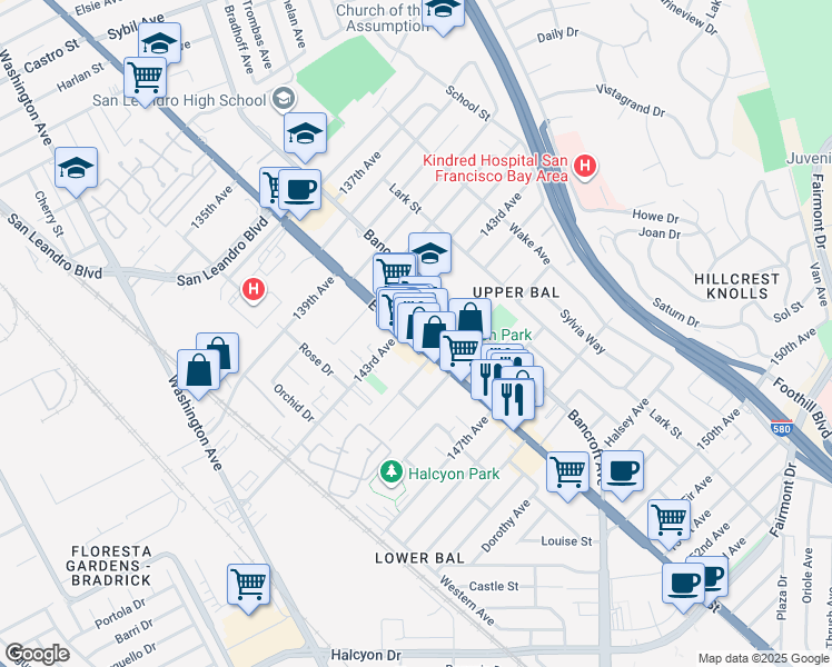 map of restaurants, bars, coffee shops, grocery stores, and more near 14340 California 185 in San Leandro