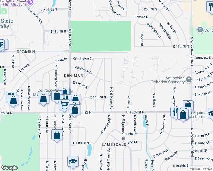map of restaurants, bars, coffee shops, grocery stores, and more near 1546 North Pinecrest Street in Wichita
