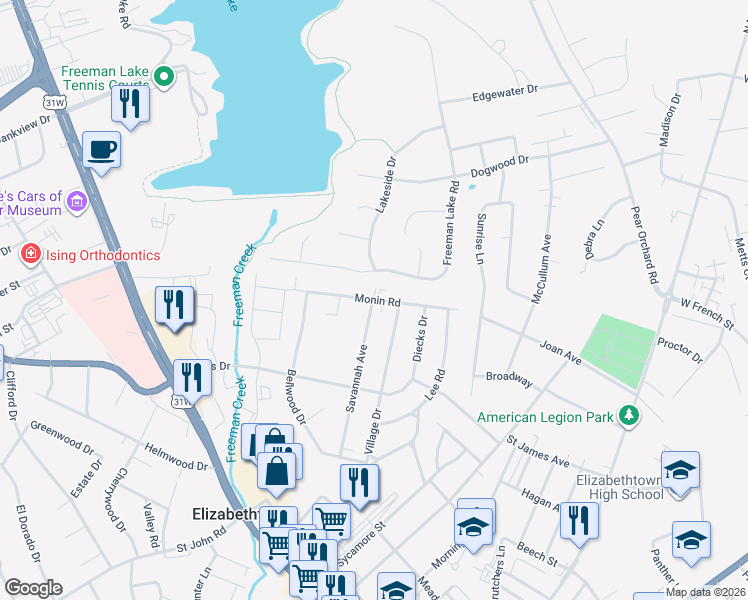 map of restaurants, bars, coffee shops, grocery stores, and more near 894 Monin Road in Elizabethtown
