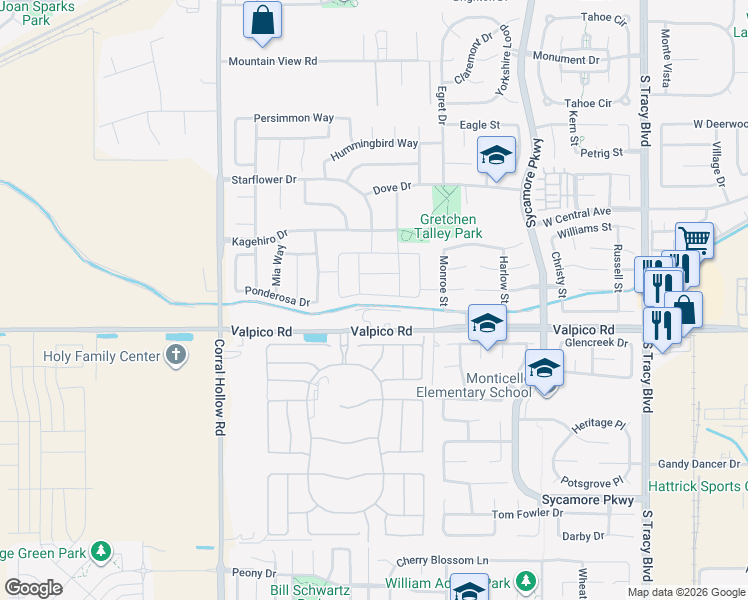 map of restaurants, bars, coffee shops, grocery stores, and more near 1682 Ivy Lane in Tracy