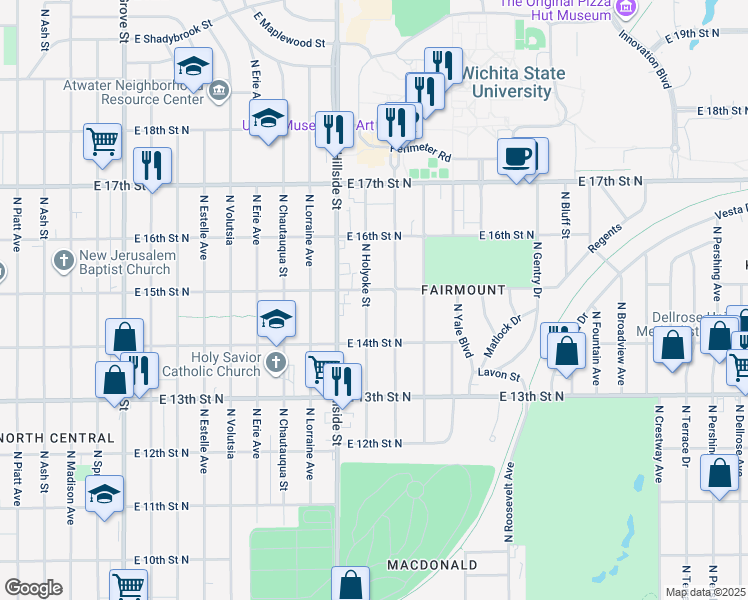 map of restaurants, bars, coffee shops, grocery stores, and more near 1548 North Holyoke Street in Wichita