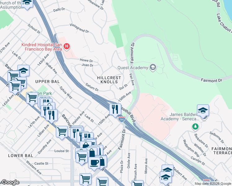 map of restaurants, bars, coffee shops, grocery stores, and more near 14948 Saturn Drive in San Leandro