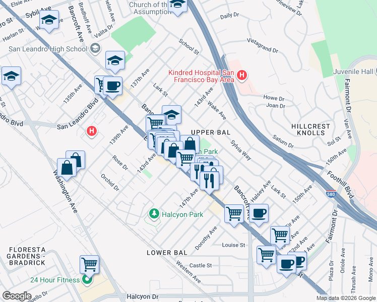 map of restaurants, bars, coffee shops, grocery stores, and more near 14365 Bancroft Avenue in San Leandro